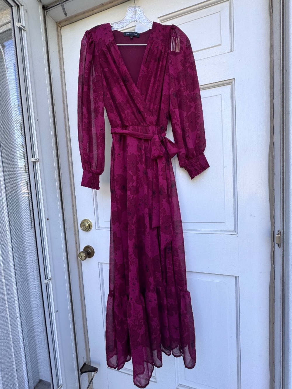 Gibsonlook Berry Floral Sheer Sleeve Belted Maxi Dress XS